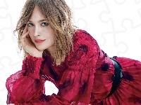 Sukienka, Uśmiech, Dakota Johnson, Czerwona, Twarz