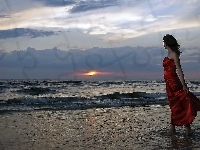 Sukienka, Kobieta, Czerwona, Plaża