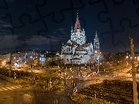 Droga, Noc, Domy, Wiedeń, Dzielnica Leopoldstadt, Kościół św. Franciszka z Asyżu, Austria, Plac Meksykański - Mexikoplatz