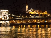 Rzeka, Noc, Miasto, Światła, Budapeszt, Most