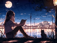 Miasto, Anime, Kot, Światło, Dziewczyna, Wieczór, Panorama