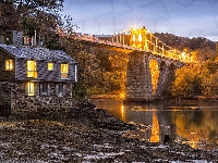 Światło, Drzewa, Dom, Walia, Most, Rzeka, Anglia, Menai Suspension Bridge