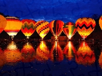 woda, balony, odbicie, światło