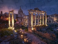Świątynia Saturna, Włochy, Forum Romanum, Światła, Ruiny, Rzym, Noc