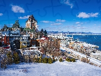 Domy, Zima, Wybrzeże, Quebec, Zamek, Rzeka Świętego Wawrzyńca, Kanada, Chateau Frontenac
