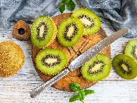 Nóż, Owoce, Deska, Szalik, Plastry, Kiwi, Mięta