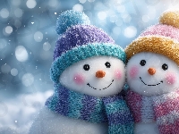 Czapki, Dwa, Kolorowe, Grafika AI, Bałwanki, Przytulone, Szaliki