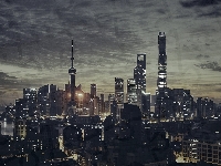Miasto nocą, Chiny, Szanghaj, Drapacze chmur