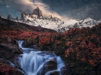 Wodospad, Argentyna, Kolorowa, Roślinność, Góry Andy, Kałuża, Rzeka, Szczyt Fitz Roy, Patagonia, Odbicie, Jesień