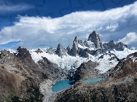 Szczyt Fitz Roy, Argentyna, Góry, Niebo, Ośnieżone, Patagonia, Jeziora
