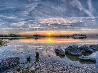 Szuwary, Słońca, Jezioro, Kamienie, Wschód