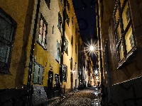 Stare Miasto, Sztokholm, Szwecja, Noc, Światła, Ulica