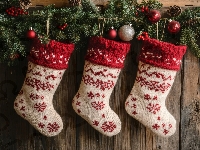 Szyszki, Deski, Bombki, Trzy, Skarpety, Gałązki, Boże Narodzenie, Dekoracja