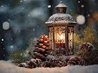 Śnieg, Świeca, ZLampion, Szyszki, Noc, Gałęzie