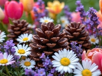 Tulipany, Kwiaty, Lawenda, Grafika AI, Stokrotki, Kolorowe, Szyszki