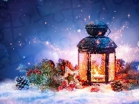 Szyszki, Świąteczny Lampion, Śnieg, Gałązki