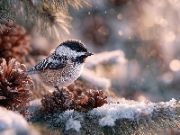 Sikorka czarnogłówka, Sosna, Szyszki, Grafika AI, Zima