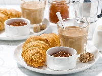 Kawa, Śniadanie, Dżem, Kostki cukru, Croissanty, Rogaliki, Talerz