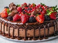 Jeżyny, Ciasto, Truskawki, Talerz, Owoce, Czekoladowe, Polewa