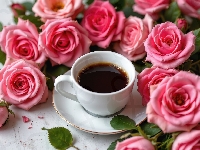 Różowe, Kawa, Filiżanka, Talerzyk, Róże, Kwiaty