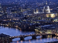 Katedra św. Pawła, Londyn, Mosty, Anglia, Miasto nocą, Rzeka Tamiza