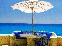 Taras, Parasol, Stolik, Morze