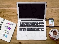 Telefon, Filiżanka, Notatnik, Laptop, Kawa