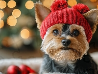 Pies, Czerwona, Yorkshire terrier, AI, Czapka