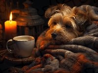 Pies, Koc, Yorkshire Terrier, Kawa, Świeca