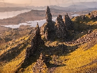 The Storr, Szkocja, Wzgórze, Jeziora, Półwysep Trotternish, Wyspa Skye, Skały