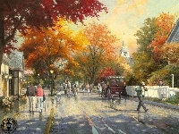 Konie, Thomas Kinkade, Przechodnie, Obraz, Ulica, Dorożki