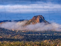 Thumb Butte, Stany Zjednoczone, Góra, Drzewa, Prescott, Arizona, Mgła