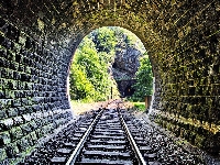 Skały, Tory kolejowe, Tunel, Drzewa