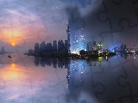 Rzeka Jangcy, Odbicie, Zmierzch, Szanghaj, Wieża Oriental Pearl Tower, Wschód słońca, Chiny, Drapacze chmur