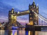 Tower Bridge, Anglia, Most, Światła, Rzeka Tamiza, Londyn, Noc