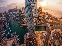 Cayan Tower, Z lotu ptaka, Dubaj, Wieżowiec, Widnokrąg