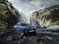 Wodospad, Skały, Rzeka, Toyota Hilux, Samochód
