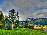 Góry, Trawa, HDR, Jeziorko, Domek, Mgła, Drzewa
