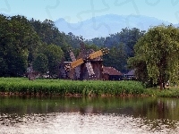 Trawy, Rzeka, Drzewa, Wiatraki