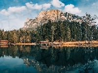 Trawy, Zabudowania, Góry, Jezioro, Drewniane