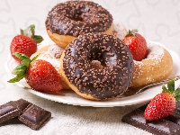 Pączki, Truskawki, Donuty, Talerzyk, Czekolada