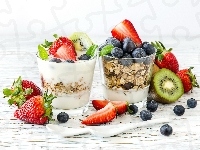 Truskawki, Owoce, Kiwi, Deser, Jogurt, Borówki