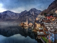 Góry Alpy Salzburskie, Budynki, Austria, Hallstatt, Jezioro Hallstättersee