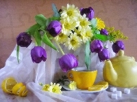 Tulipany, Kwiaty, Fioletowe, Dzbanek