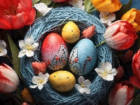 Tulipany, Kolorowe, Wielkanoc, Pisanki, Białe, Niebieskie, Gniazdo, Czerwone, Kwiaty