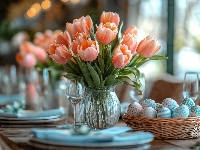 Tulipany, Wielkanocny, Stół, Wielkanoc, Wazon, Koszyczek, Kieliszki, Bukiet, Pisanki