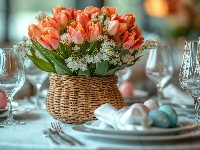 Tulipany, Stół, Wielkanoc, Wielkanocny, Koszyczek, Talerze, Kieliszki, Bukiet, Pisanki