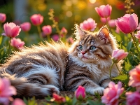 Tulipany, Kwiaty, Kot