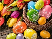 Tulipany, Kompozycja, Pisanki, Wielkanoc, Kwiaty, Koszyk