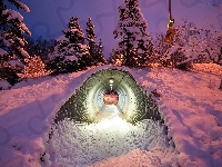 Śnieg, Drzewa, Tunel, Zmierzch